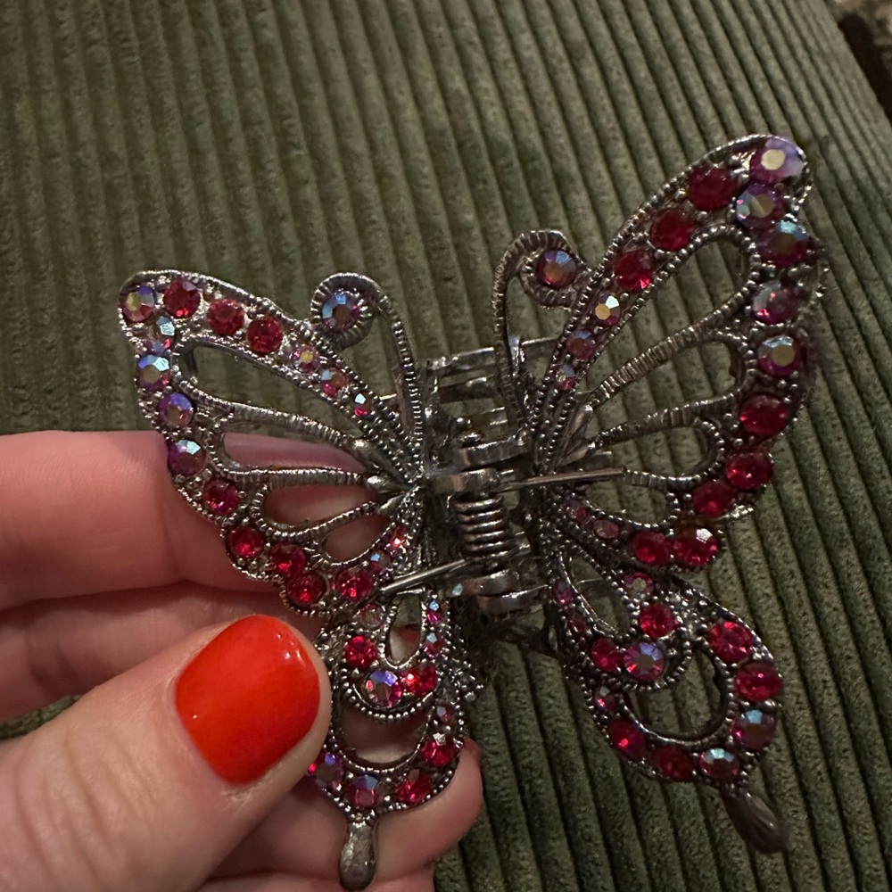 Red Gem Butterfly Hair Clip, Antique